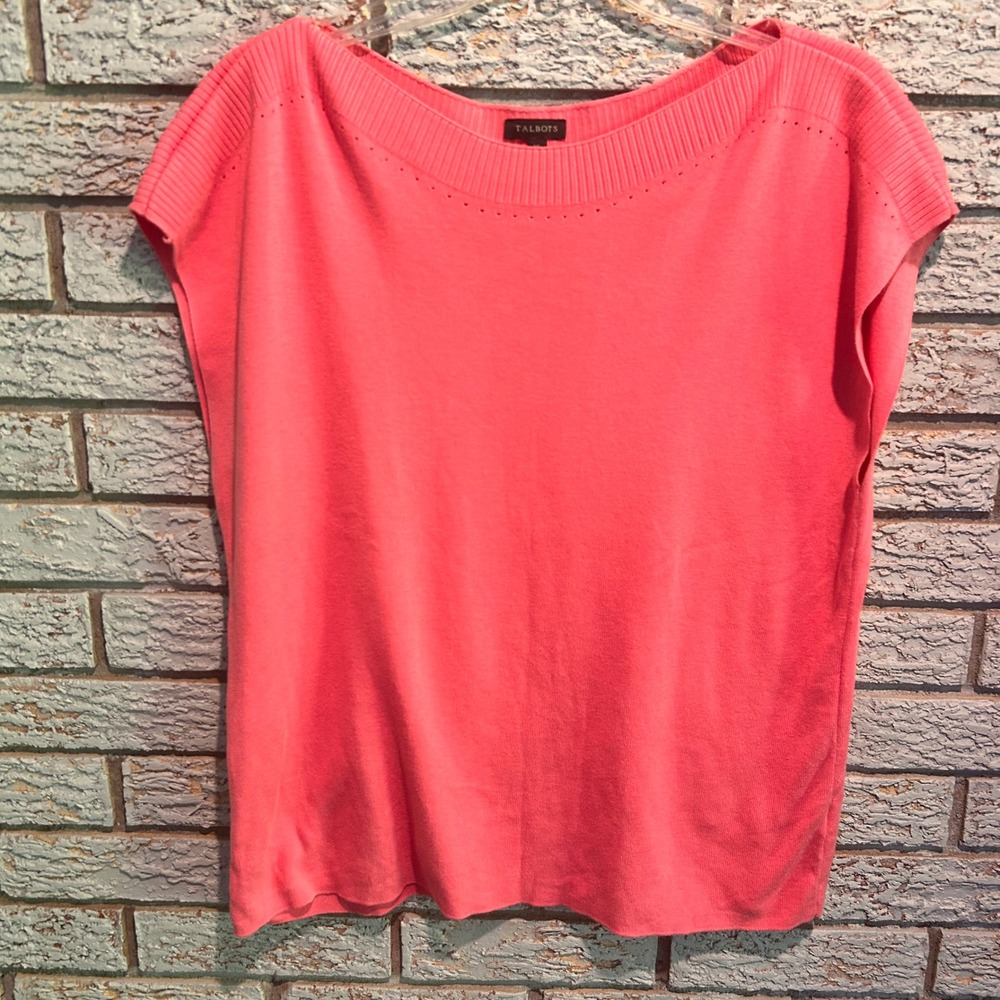 Talbots Womens XL Coral Pink Boat Neck Short Sleeve Sweater Knit Top Pointelle